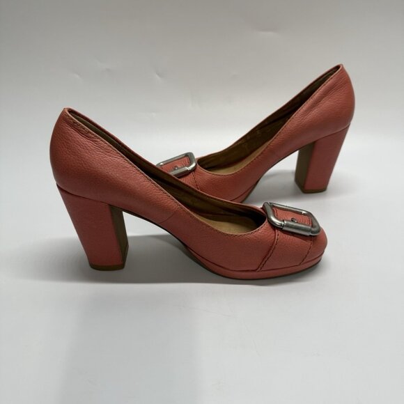 Fossil Women's Leather‎ Heels Size 9 Coral Buckle Toe Block Heel Retro Style - Picture 3 of 15